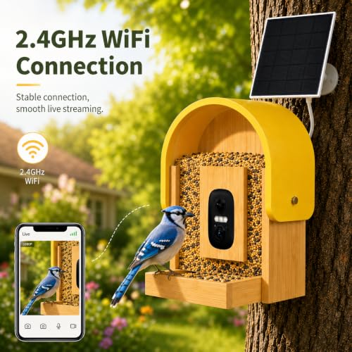 Smart Bird Feeder Camera, 2K HD Solar Powered, AI Bird ID, 2.4GHz WiFi | Solar smart bird feeder with 2K camera, AI bird recognition, app alerts, 2.7L capacity and natural bamboo design.