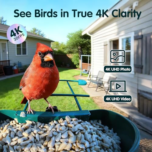 Bird Feeder with Camera, 4K Ultra HD Video with 30fps Live View, 10x Slow Motion, No Subscription, Solar Powered AI Smart Bird Feeder with Camera, 2.4G/5G Wi-Fi, Durable Metal,Bird Lover Gift