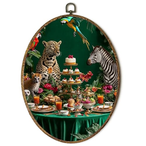EGVQK Jungle Animals Oval Wall Art, Whimsical Funny Animal Party Framed Canvas Prints Wall Art, Wildlife Tropical Leopard Zebra Oval Canvas Hanging Decor for Bedroom Living Dining Room, 8.5x11.5in - color: animal_14
