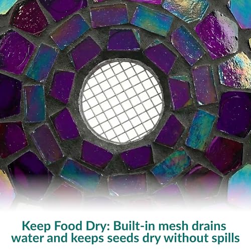 Sunnydaze Mosaic Glass Bird Feeder, Fly-Through, Iridescent Purple Mosaic | 6" Small Unique Hanging Bird Feeder for Outdoors, Drainage Hole, Weather-Resistant, Birdfeeder for Cardinals, Jays, & Finches - color: Iridescent Purple Mosaic