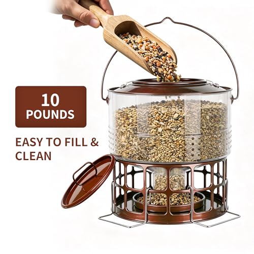 Solution4Patio 8-10LB Bird Feeder, Metal Wild Birdfeeder with 32 Access Holes & 2 Perches, Locking Top Helps Reduce Squirrel Stealing, Rust-Proof Hanging Design for Cardinals & Finches - color: Glazed Red