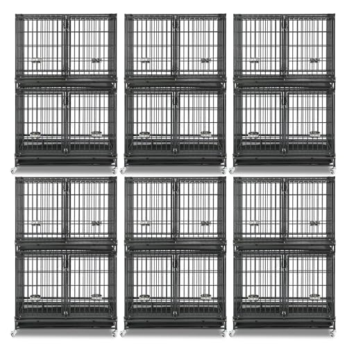 Homey Pet Taller 43" Two Tiers Dog Crate Cage Kennel with Divider, 6 Pack | Commercial Modular Dog Kennel with Dual Front Doors, Divider, Auto Locks, Removable Tray, Bowls for Small and Medium Dogs - size: 43"L - 2 Tiers - 6 Pack