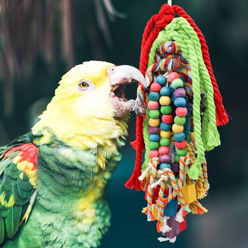 Large Bird Chewing Toys, 21.7 × 5.1 inch Parrot Shredding Wooden Block and Cotton Rope Toys, Cage Accessories for Small to Large Birds Cockatiel Parakeets Lovebirds Conure Macaw African Grey Amazon