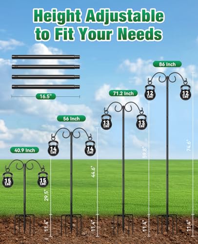 Shepherds Hooks for Outdoor Plant Hanger Hummingbird Feeders for Outdoors | Double Shepherds Hooks ,86 Inch Bird Feeder Pole, Thick Heavy Duty Bird Feeder Stand with 5-Prong Base,Solar Light,2 Pack - size: 86inch-2pack
