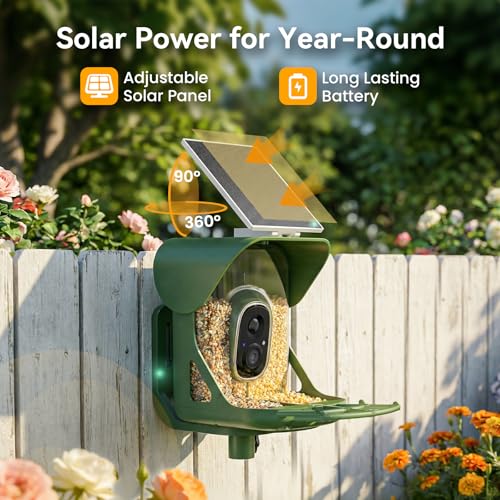 Smart Bird Feeder with Camera, 11000+ AI Bird Recognition, 2K HD Color Night Vision, IP65 Waterproof Solar Powered Bird Feeder with 142° Wide Angle, Motion Detection for Outdoor Garden, Ideal Gift
