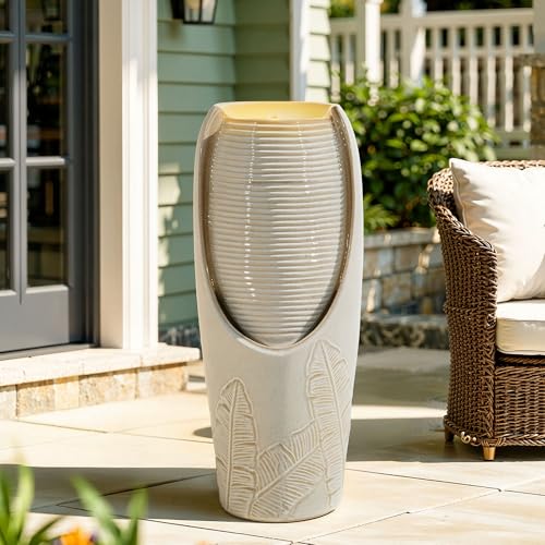 Autodaya 32"H Jar Ceramic Outdoor Water Fountain, Sand Beige Foilage Design | Artisan high-fired ceramic, warm LED ambient lighting, upgraded pump, soothing cascading water feature for garden patio yard - color: 32"h-leaf Pattern Beige Glaze