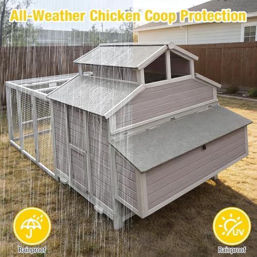 Large Chicken Coop for 8-10 Chickens, Wooden Hen House with Outdoor Run & Nesting Boxes, 115" L Poultry Cage for Backyard, Walk-in Duck Coop with Metal Trays & Perches - color: Grey, size: 115"L(6-8 chickens)