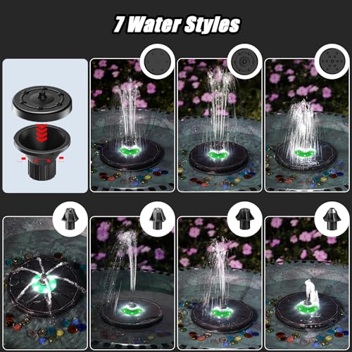 Yzert Glass Solar Fountain Floating 3.5W 2200mAh, Colorful LED, Bird Bath | Solar Water Fountain Pump Green Flower, 4 Fixers & 7 Nozzles for Garden, Outdoor, Pond, Pool - color: Black Panel White Lights