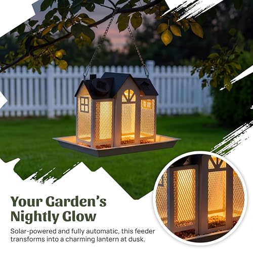 Solar Bird Feeder for Outdoors Hanging –Bird Feeders with Solar Light | Heavy Duty Metal Wild, with 5 Bird ID Cards, Chew Resistant Seed Feeder for Cardinal, Unique Gifts for Mom