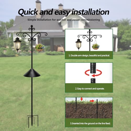 Luzbirba 92in Bird Feeder Pole, Shepherd Hook, 6 Hooks, 5-Prong Base | Heavy-duty pole with squirrel baffle for bird feeders, hanging plants, outdoor lanterns & hummingbird feeders, yard decor