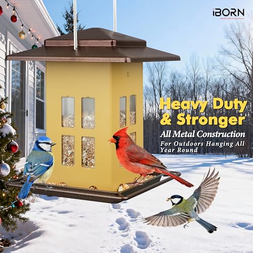 iBorn Bird Feeders for Outdoors, Metal Bird Feeder, Wild Bird Feeders for Cardinal, 2.3LBS Capacity,18cm Large Roof, Lantern Style, Black (Muted Yellow) - color: Muted Yellow