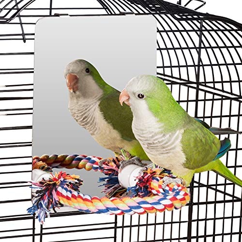 7" Bird Mirror with Rope Perch, Medium | Bird Swing, For Parakeet Budgie African Grey Conure Cockatiel Lovebird Finch Canarie, Parrot Cage Toy - size: Medium
