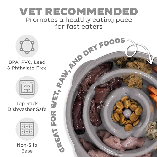 Outward Hound Fun Feeder Slo Bowl – Medium 2‑Cup Capacity, Slow Feeding, Small to Medium Dogs & Cats, Non-Slip, Gray, Drop Pattern - color: Gray, size: Medium
