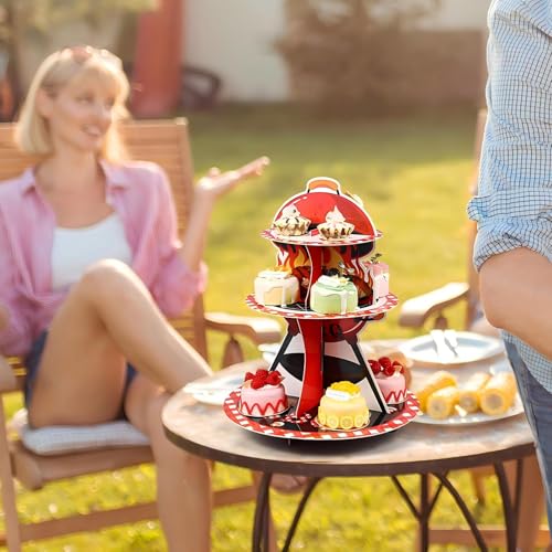 3 Tier BBQ Party Decorations Baby Q Baby Shower Cake Stand Barbecue Theme Summer Cupcake Tower BQQ Table Decor Red and Black Gingham Cake Holder for Summer Picnic Camping Party Decor Supplies - style: Bbq