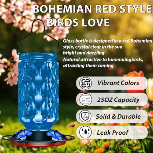 Glass Hummingbird Feeder for Outdoors, 25OZ Hummingbird Feeder with 5 Flower Ports & Perch, Leak-Proof, Crystal Clear – Hummingbird Feeders for Outdoors Hanging, Garden Decor,Gifts for Women Men(Blue) - color: Blue