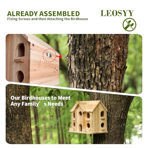 10-Hole Wooden Bird House for Outside, Hanging Birdhouse | Cedar wood backyard birdhouse for small wild birds, ready to hang with entry holes and 11 x 7 x 9 in size