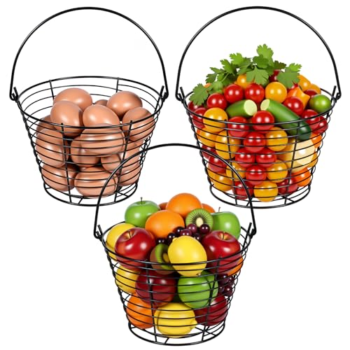 Kifmurase 3 Pcs 8” Egg Collecting Basket, Wire Baskets Metal Storage Basket | for Gathering Fresh Eggs, with Handle, for Carring and Transporting, Chicken and Duck Eggs, Fruit Bin