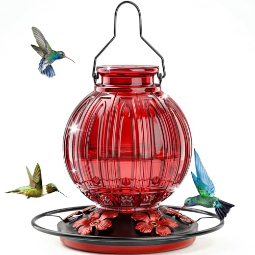 Glass Hummingbird Feeder for Outdoors Hanging, 26 fl oz Bird Nectar Feeder | 5 Metal Flower Feeding Ports, 360° Perch Ring, Easy Refill & Clean, Leakproof, Ideal for Backyard, Garden Outdoor Decor, Red - color: Red
