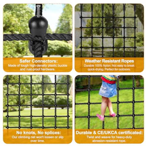 Climbing Cargo Net for Kids Outdoor 49" x 77" Heavy Duty Climbing Net No Knots Climbing Ladder Net for Swing Set, Treehouse, Playground, Ninja Obstacle Course Rope Net for Climbing - 1000LB Capacity - color: Black - 49" X 77"
