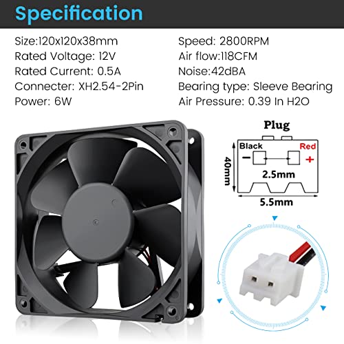 Wathai 120mm x 38mm Brushless Cooling Case Fan 12V 2pin DC High Airflow | 3000CFM High airflow brushless dc fan functions as a high-velocity electronics ventilation cooler - style: 12V 2Pin Sleeve