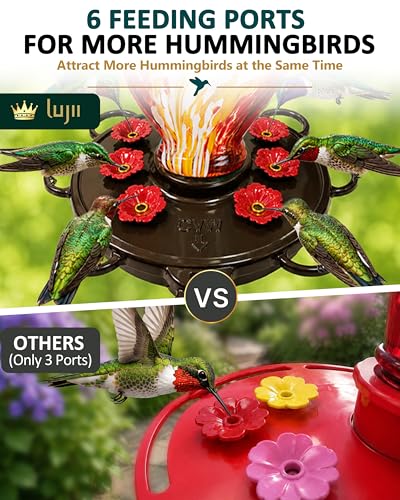 LUJII Smart Hummingbird Feeder with Camera, Hand Blown Glass for Outdoor Hanging, Solar WiFi Feeder with Live View App, 6 Feeding Ports, Leak-Resistant Design, Ant Moat & Gift Box, 28 fl oz, Red - color: Red, size: Large