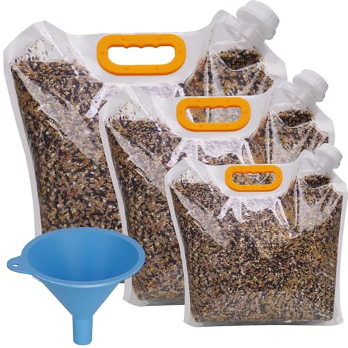 NiHome Bird Seed Storage Container, 3 Pack Airtight BPA Free, 10L/5L/2.5L | Portable Dispenser For Sunflower, Thistle, Nuts, Wild Bird Pet Food. Funnel, Handle & Spout For Indoor & Outdoor Use