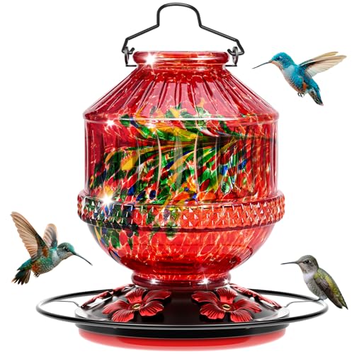 Blown Glass Hummingbird Feeders for Outdoors, 25 Ounces Wild Bird Nectar Feeder with Perch & 5 Flower Feeding Ports Leak Proof Hanging for Garden Backyard Decor, Gifts for Women Mom, Phoenix Red - color: Phoenix Red