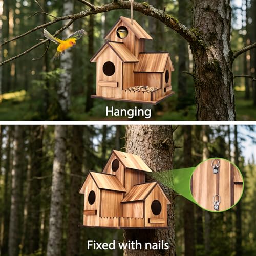 Bird Houses for Outside, 3-Hole Large Wooden Birdhouse for Bluebirds Finches Cardinal Hummingbird, Bird House for Outdoors Hanging Bird House Clearance Garden Courtyard Decor