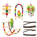 8 Pcs Natural Wood Bird Toys & Perches Set for Cages | Ideal for Small/Medium Parrots (Budgies, Conures) | Birch Ladder, Swing and Foraging Items for Cage Gym | Tool-Free Mount - size: Bird Toys & Perches Set