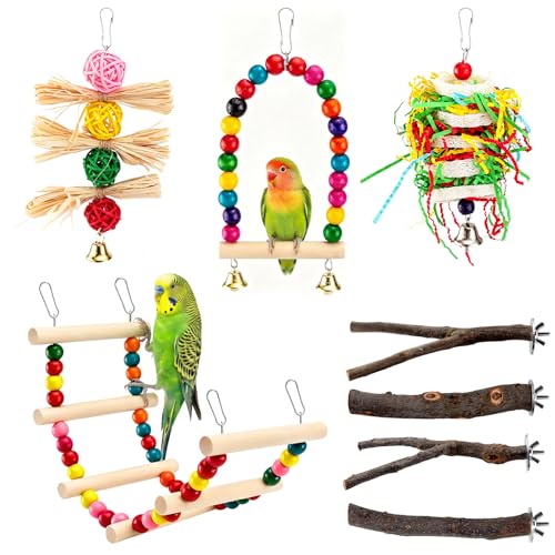 8 Pcs Natural Wood Bird Toys & Perches Set for Cages | Ideal for Small/Medium Parrots (Budgies, Conures) | Birch Ladder, Swing and Foraging Items for Cage Gym | Tool-Free Mount - size: Bird Toys & Perches Set