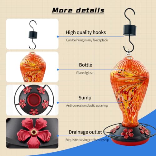 Orange Hummingbird Feeder Colorful Blown Glass Outdoor Hummingbird Feeder with Ant Moat and 5 Feeding Ports for Outdoors Hanging Garden Decor, Bird Lovers - color: Orange-Phoenix