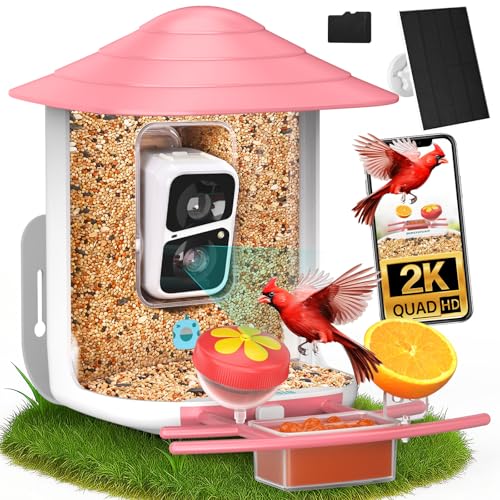birdsnap® TUC Bird Feeder with Camera Solar Powered 2K Video with 32GB Card | AI Bird Species Identification, Squirrel-Proof, IP65 Waterproof, Outdoor Wireless, 2.4G WiFi, Gift for Mom Dad Bird Lovers - color: Pink