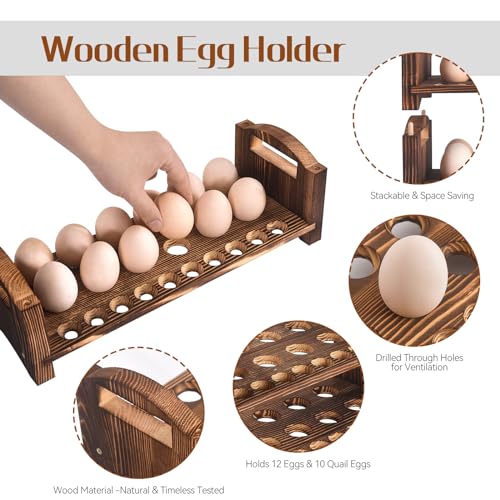 Wooden Egg Holder 3 Layer Fresh Egg Rack Holders Countertop Stackable Quail Egg Sorter Storage Trays Organizer Display Stand Kitchen Rack, Fits Duck, Turkey, Chicken Eggs,up to 36 Eggs, 3 Tier-Brown - size: 3-Tier