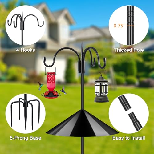 Heavy Duty Shepherds Hook Squirrel-Proof Bird Feeder Pole 92" Triple Hooks 5-Prong Base & 19" Baffle for Outdoor Feeders & Plants - color: w/ Squirrel Baffle, size: 92" Triple Hooks