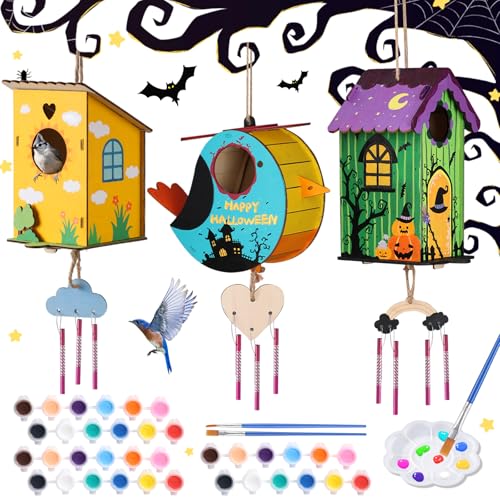 JMMICO 3 Pack Bird Houses Kits for Kids, Wooden Painting Arts and Crafts for Kids Ages 8-12, Build & Paint Your Own Bird Houses and Wind Chime Kits, Toddlers Easter Gifts for Girls Boys - size: 3PCS