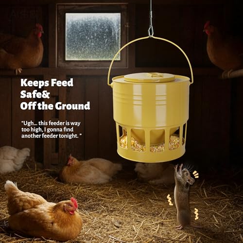 KOL Hanging Chicken Feeder – 20lbs Metal Chicken Feeder No Waste, Adjustable Poultry Feeder with 12 Ports, No Installation & Universal Height Design (Yellow) - color: Yellow