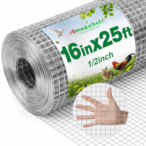 AMAGABELI GARDEN & HOME Hardware Cloth 1/2 inch 16 in x 25 ft Galvanized After Welding 19 Gauge Square Chicken Wire Fence Mesh Roll Raised Garden Bed Plant Supports Poultry Netting Cage Snake Fence - size: 1/2" 16"x25'