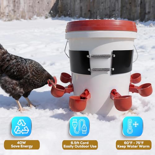 Chicken Water Heater Thermo Bucket Belt Heated Strap for 5 Gallon Barrel, 40W Silicone Rubber Heating Band for Chicken Waterers with 6.5 ft Power Cord