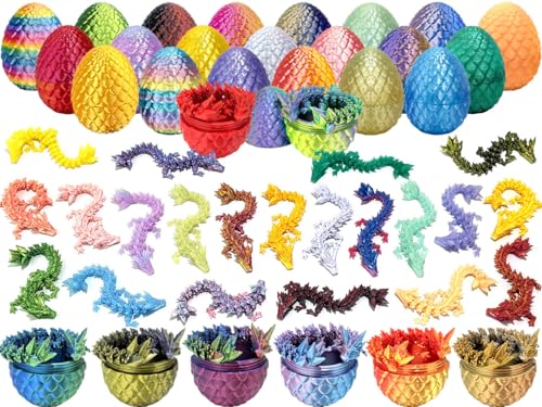 12PCS 3D Printed Dragon Eggs with Articulated Crystal Dragons Inside | Mystery Egg Surprises, Flexible dragons, Easter Basket Stuffers, Party Favors, Classroom Rewards, Gifts, Random Colors - color: Rainbow Dragon Eggs