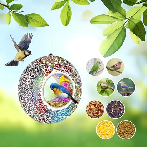 Hanging Bird Feeders for Outdoor Glass Mosaic Fly Through Wild Bird Feeder Round Shape Birdfeeder for Outside Garden Yard Patio Decoration Multicolor - color: Multicolor