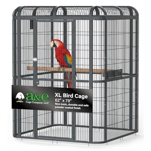 A&E Cage Co WI6262 Walk-in Bird Aviary for Parrots, 62"x62"x79" Black | Key-Lock 69"x25" Door, 3 Swing-Out Feeder Stations, Stainless Steel Bowls, Fits African Greys, Amazons & Cockatoos - size: 62.0"L x 62.0"W x 79.0"H