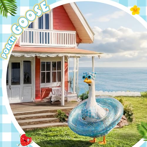 Bikini Porch Goose Outfits with Sunglasses and Swimming Tube for 23" Summer Goose Costume Garden Patio Statue Decor(Blue Plaid) - style: Blue Plaid