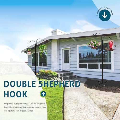 Ottsuls Double Shepherds Hooks for Outdoor, 92 Inch Bird Feeder Pole with 5 Prong Base, Upgrade 1 INCH Thick Heavy Duty Planter Hook for Hanging Baskets, Lantern,1 Pack - size: 92 IN