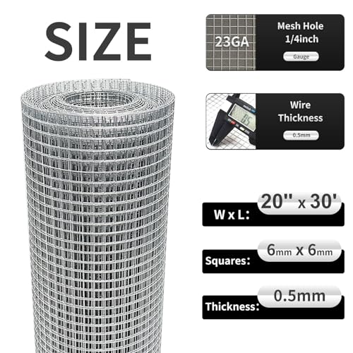 Hardware Cloth 20'' x 30' 1/4 in Galvanized Wire Mesh Roll (23 GA) Chicken Wire Fence Roll for Chicken Pen/coop Fences, Screen mesh, Rabbit/Snake Fences, Poultry enclosures, Handicraft Making, etc. - size: 20In x 30Ft