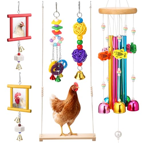 Soulchen 6 Pieces Chicken Toys for Coop Chicken Wind Chime Enrichment Toys Kits Chick Mirror with Bells Swing Hanging Chick Rattan Ball Loofah Bell for Coop Hens Chicks Poultry Birds Parrots - style: Chick Rattan Ball Loofah Bell