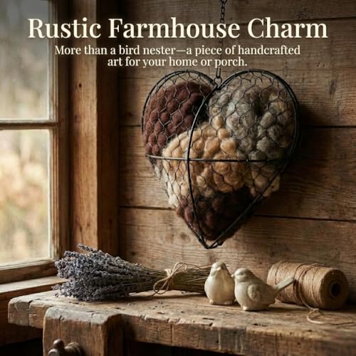 Handmade Alpaca Fiber Bird Nesting Heart - Refillable Bird Nesting Material Holder with Alpaca Wool for Bird Nesting - Outdoor Garden Dispenser & Nesting Material for Wild Birds (1 Set)