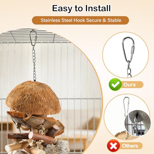 18" Natural Bird Toy for Medium & Large Parrots,Multi-Texture Chew & Forage | Coconut Shells & Lava Stones | Shred For African Greys,Cockatoos, Caiques, Quakers and Conures | Healthy Beak Exercise
