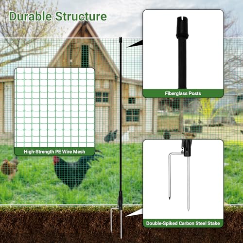 Temporary Fence with Posts 4' x 65' Suitable for Backyard, Garden | Boundary Chicken Fence with Double Spiked Fiberglass Posts & Windbreak Rope, Portable Non Electric Fence Netting - size: 4' x 65'