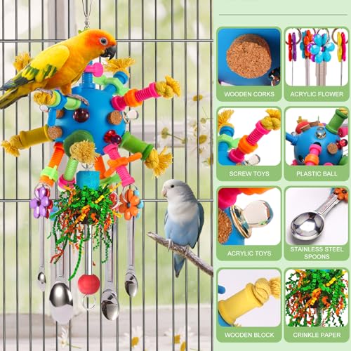 Parrot Toys Bird Toys Perch Pullable Stainless Steel Spoons Colorful Acrylic Stick Chew Toys for Amazons Mini Macaws African Greys Cockatoos Conures, Cockatiels, Lovebirds, Parrotlets and Other (blue) - color: blue