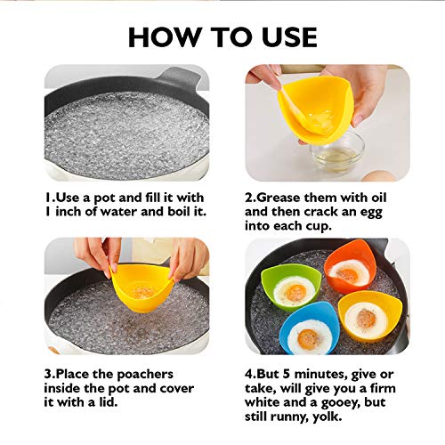 Silicone Egg Poacher Cups, 4 Pack with Stable Ring Base | Make Poached Eggs Easily on Stovetop, Microwave, Air Fryer or Oven, Easy Release, BPA-Free, Includes Oil Brush